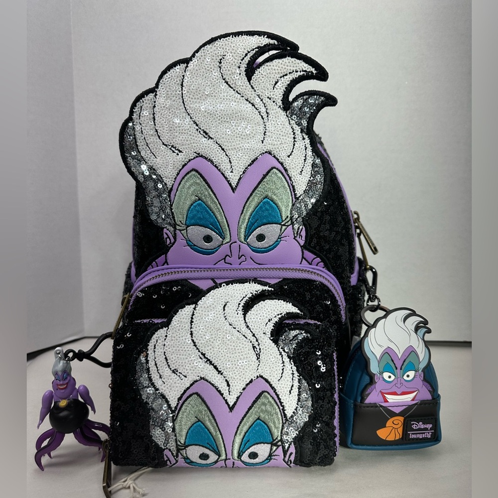 Loungefly Disney Villains Ursula Sequin Mini Backpack, Wallet & Charms Bundle